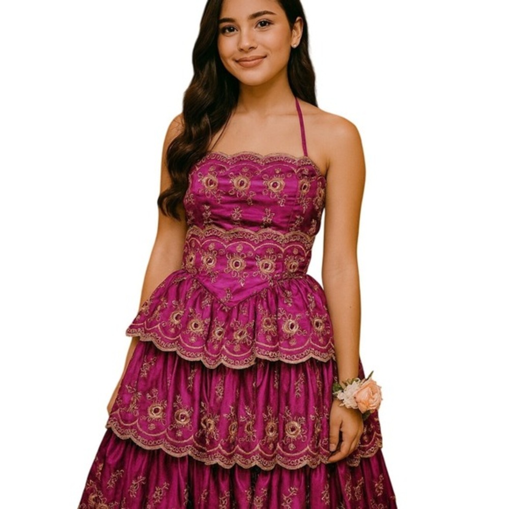 Betsey Johnson Womens Y2K Fairy Tiered Embroidered Halter Dress 2 Magenta NEW - Picture 2 of 16